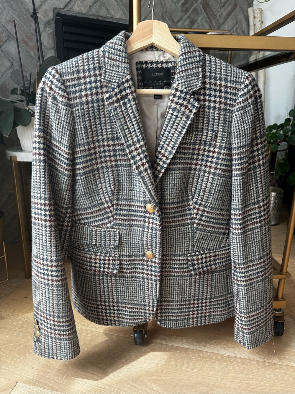 Vintage J. Crew Houndstooth Plaid Schoolboy Wool Blazer Orange Collar # B0664